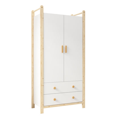 2-türiger Kleiderschrank, Kleiderschrank mit Kleiderstange, für Schlafzimmer, Wohnzimmer, Flurgarderobe geeignet,  weißer Körper + Kieferrahmen