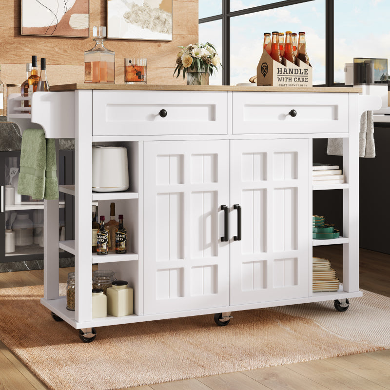 Kücheninsel mit herausnehmbaren Trennwänden, Speisewagen mit Arbeitsplatte, Buffetschrank, Speisewagen mit Holzmaserung, Handtuchhalter beidseitig mit Rollen, weiß