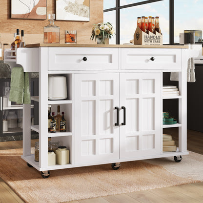 Kücheninsel mit herausnehmbaren Trennwänden, Speisewagen mit Arbeitsplatte, Buffetschrank, Speisewagen mit Holzmaserung, Handtuchhalter beidseitig mit Rollen, weiß