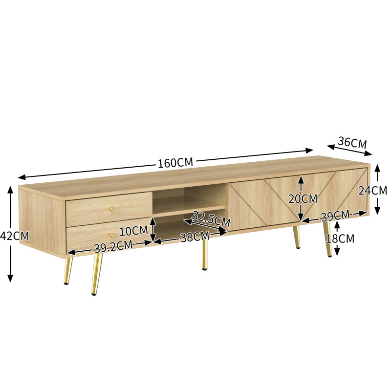 TV-Schrank 160 cm mit Goldfüßen, Zwei Schubladen und Einzigartig Gestalteten Türen