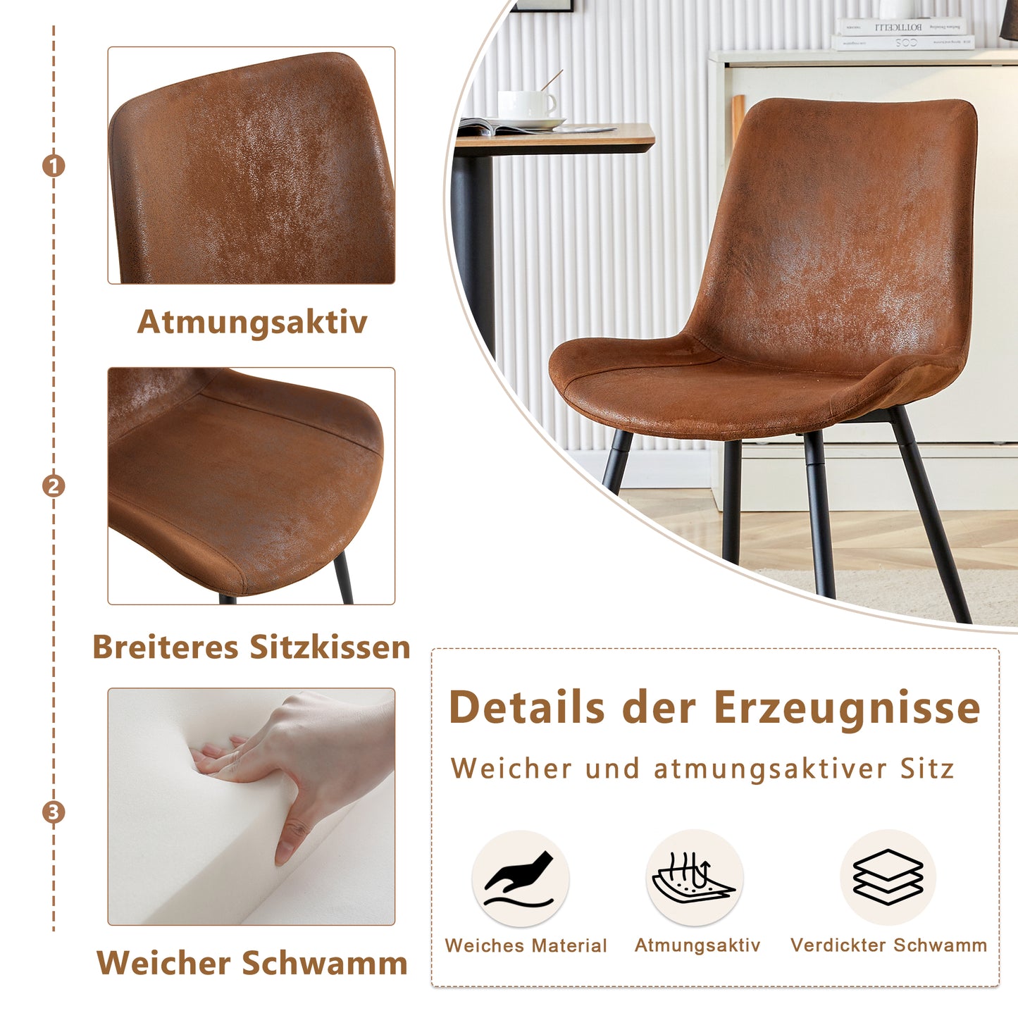 4er-Set Esszimmerstühle Braun Atmungsaktive Tech-Fabric Modernes Design mit verbreiterter Sitzfläche und rutschfesten Metallfüßen