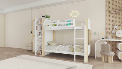 Etagenbett, Kinderbett mit Fallschutz und Gitter, mit 4-stufiger Leiter, 6 offenen Regalen, Kleiderschrank seitlich, Reichlich Stauraum,  Kiefer+PB, Weiß+Natur,  90x200cm
