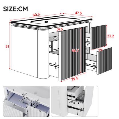 Badezimmerschrank Wandhängend 80cm Grün, 3D-Struktur & LED-Sensor, Waschtisch mit Keramikbecken, 4 leise Schubladen, Lackiert, Anti-Stoß