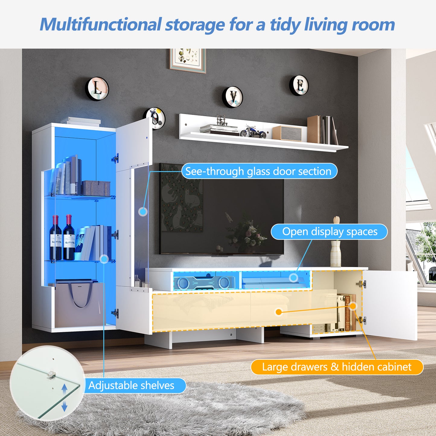 TV Wohnwand Set 3-teilig Weiß Hochglanz mit LED-Beleuchtung, TV-Schrank stehend und hängend, für Fernseher bis 70 Zoll