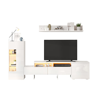 TV Wohnwand Set 3-teilig Weiß Hochglanz mit LED-Beleuchtung, TV-Schrank stehend und hängend, für Fernseher bis 70 Zoll