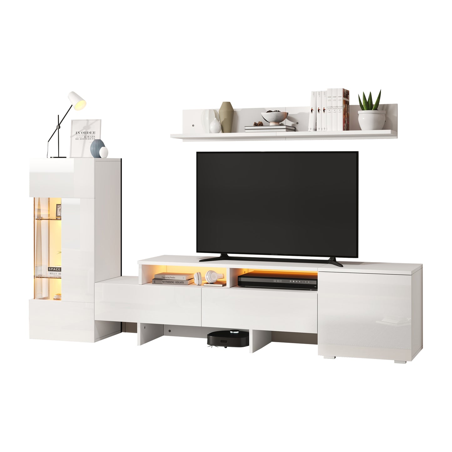 TV Wohnwand Set 3-teilig Weiß Hochglanz mit LED-Beleuchtung, TV-Schrank stehend und hängend, für Fernseher bis 70 Zoll