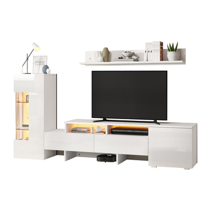 TV Wohnwand Set 3-teilig Weiß Hochglanz mit LED-Beleuchtung, TV-Schrank stehend und hängend, für Fernseher bis 70 Zoll